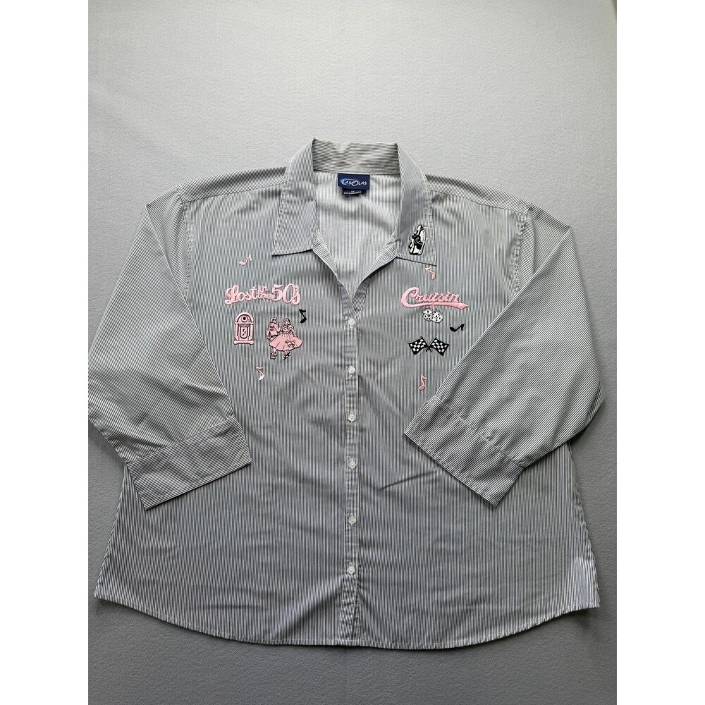 Las Olas 1X Retro Cruise Rockabilly Pinstripe Button Shirt 3/4 Sleeve